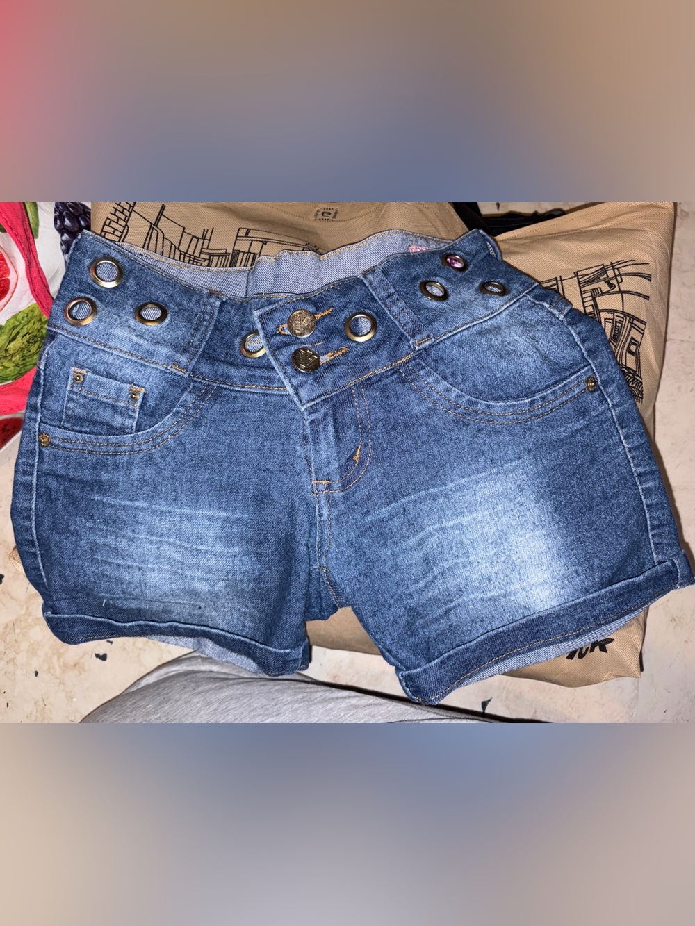 Grommet Denim Shorts - Blue